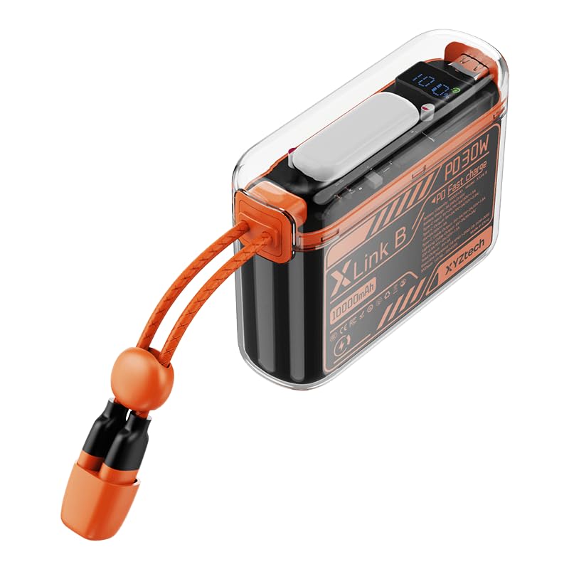 XYZtech X Link B Power Bank - 10000 mAh - Built-in Dual USB-C, iPh Cables and Flashlight, Compatible with iPhone and Samsung, Orange