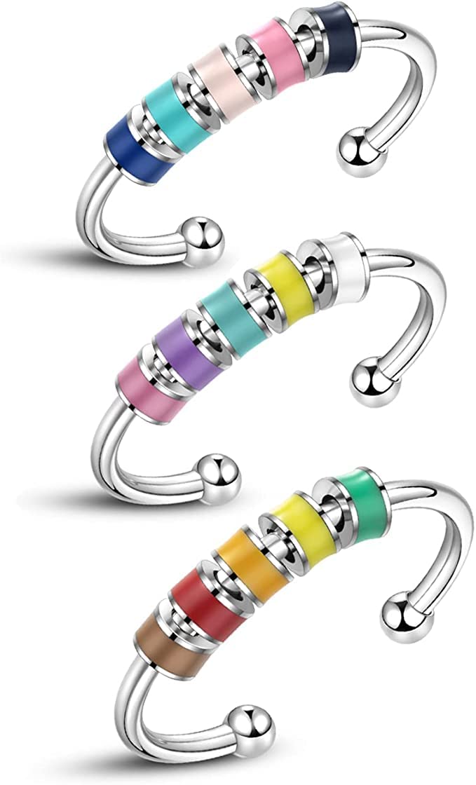 LIU JUN 3PCS Spinning Enamel Fidget Rings for Anxiety for Women, Enamel Open Adjustable Colorful Beads Anti Anxiety Relief Silver Dainty Rings Fidget Ring for Kids Girls Teens Jewelry