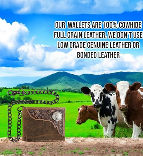 Image of F&L CLASSIC RFID Blocking Mens bi-fold Style Cowhide Leather Steel Chain Wallet, brown western style,texas 82