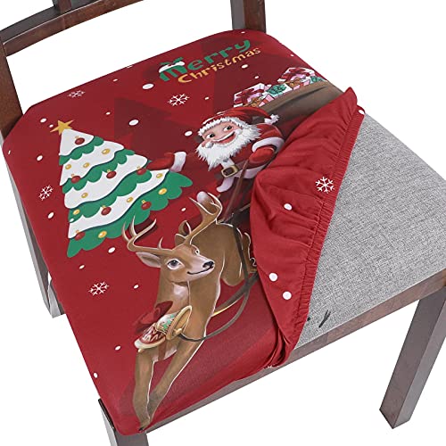 Image of SearchI 6 Pack Christmas Seat Covers for Dining Room Chairs Stretch Printed Xmas Chair Seat Covers, Removable Upholstered Chair Seat Protector for Christmas Decoration, Kitchen, Office (Santa+elk)
