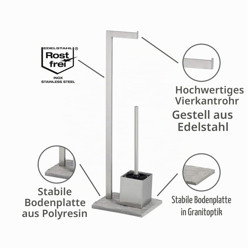 WENKO Stand WC-Garnitur Granit Edelstahl - WC-Bürstenhalter, Edelstahl rostfrei, 23 x 73.5 x 19.5 cm, Satiniert, Grau