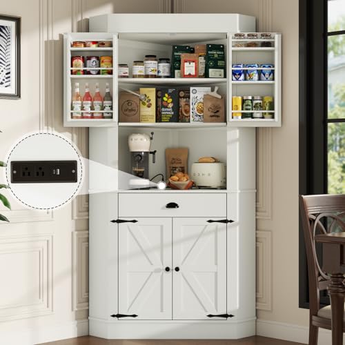 Corner Cabinet with Charging Station,73'Tall Kitchen Pantry Storage Cabinet with Drawer,Freestanding Kitchen Pantry Cabinets with Doors and Shelves,Farmhouse Food Hutch for Dining Room,Kitchens(White)