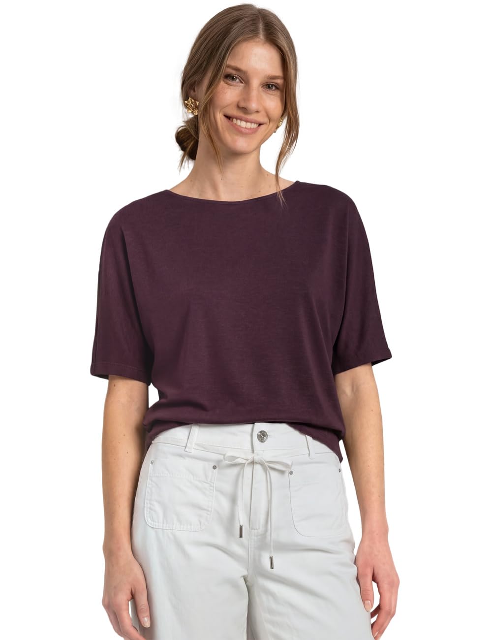 Street One Basic Shirt with Boat Neck and Elastic Waistband Rustic Rouge 36
