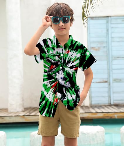 Image of uideazone Size 7-8 Tie Dye Shirts for Boys Funny Dinosaur Printed Button Up Shirt Hawaiian Luau Short Sleeve Casual Blouse Tops for Holiday Beach Party