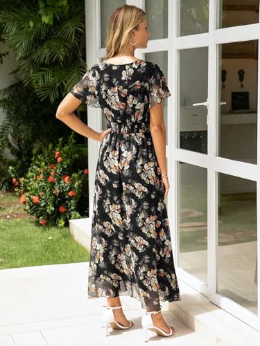 Image of Simplee Womens Floral Maxi Dress - Short Sleeve Summer Boho Wedding Guest Dress Empire Waist Chiffon Modest Midi Dresses