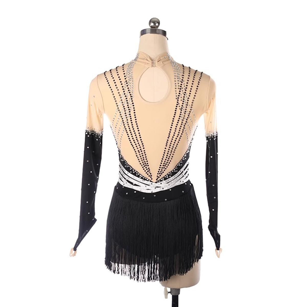 Vestido de Danza Patinaje Hielo para Mujer de Las Mujeres Manga Larga Cuello Alto Pedrería Borla Gimnasia Rítmica Maillot de Patinaje Competición Traje de Baile