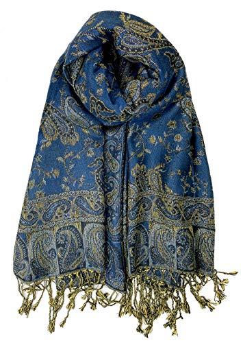 Plum Feathers Tapestry Ethnic Paisley Pattern Pashmina Scarf (Navy Gold Floral Paisley)