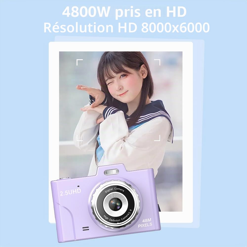 Andoer Appareil photo numérique compact rechargeable 1080P 48 MP avec zoom 8 x appareil photo numérique compact de 2,8 pouces pour débutants, enfants, adultes (bleu)