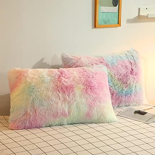 Sumfunry Plush Shaggy Pillows Shams Fluffy Crystal Velvet Pillow Covers Zipper Closure 2pc Standard Size(Rainbow, 26" x 20")