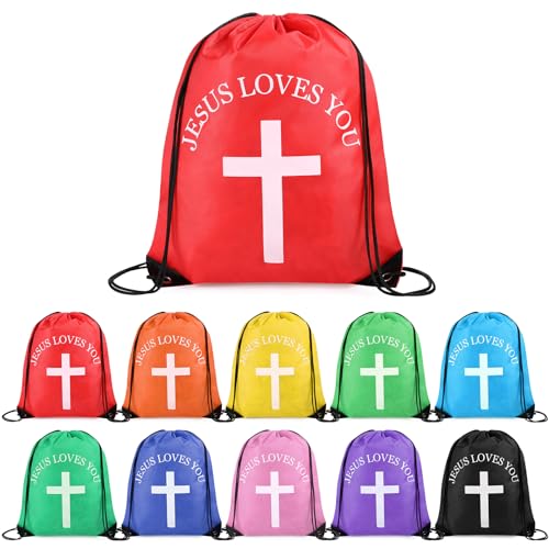 SilTriangle Mochila Jesus Loves You com cordão, presente religioso, cristão, presente religioso, mochila de poliéster, Multicor, about 13.4 x 16.5 inches/ 34 x 42 cm, Cruz