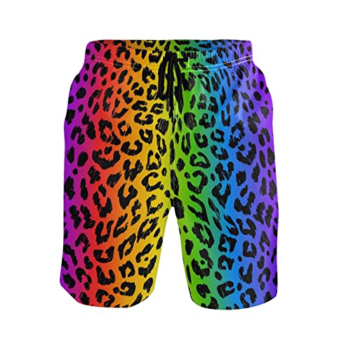 Leopard Rainbow Skin Pattern Men's Swim Trunks Beach Shorts Quick Dry Swim Board shorts With Pockets L