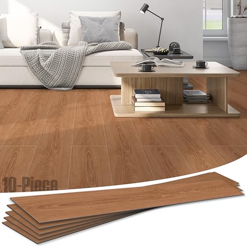 Soundbox Noise Reducing Floor Mats 10PCS, Quiet Wood Grain Vinyl Floor Tiles 48x7.3 Inch, Waterproof Anti-Slip Floor Covering, No Glue Easy Lay Installation for Bedroom, Living Room