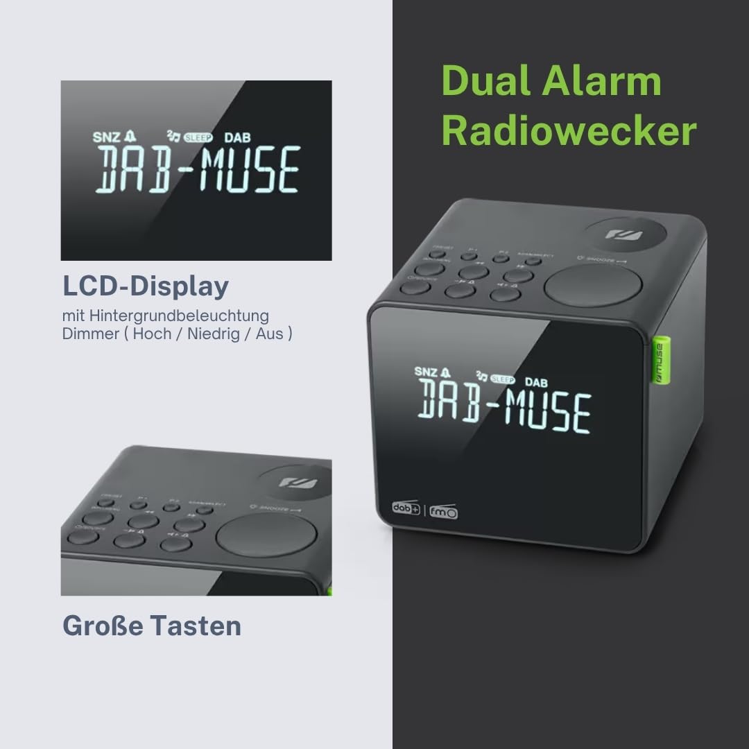 Muse Radio Reloj Dab+ FM PLL, Alarma Dual - (M-187 CDB) Pantalla LCD, Reloj, Alarma, zumbador, repetición, función de sueño, Antena, Entrada Auxiliar, batería de Reserva, Gris Oscuro