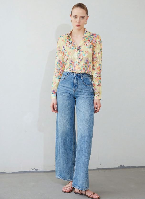 Image of Women Shirt || Women Top ||Floral Print Polo Collar Shirt, Casual Long Sleeve (S-26-28)