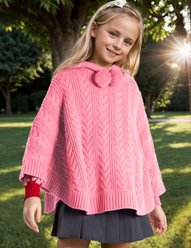 Image of BOBOYOYO Cape for Girls Hooded Cable Knit Poncho Sweaters Kids Shawl