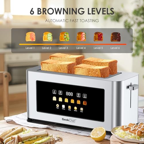Image of Long Slot Toaster 4 Slice, Geek Chef 1.5 inch Touch Screen Extra Wide Slots for Bagels & Waffles, 6 Browning Levels, Timer, Reheat, Defrost, Cancel Function, Removable Crumb Tray, Stainless Steel