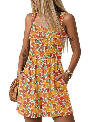 Image of Lepunuo Womens Rompers for Summer Casual Smocked Jumpers Overalls Square Neck Jumpsuits with Pockets Beach Vacation