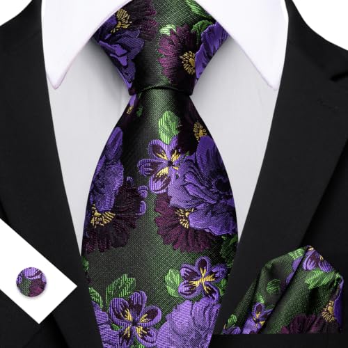 Image of Barry.Wang Flower Ties for Men Silk Woven Floral Tie Sets Necktie Handkerchief Cufflinks Wedding Party