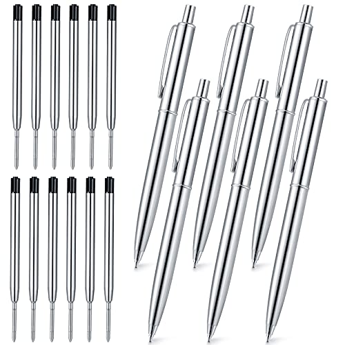 6 Pens with 12 Refills,Silver Ballpoint Pens Silver Slim Metal Ballpoint Pens Retractable Metal Ballpoint Pens for Gift Business Office Students Teachers Men Flight Attendant, 0.99 mm Medium Point,