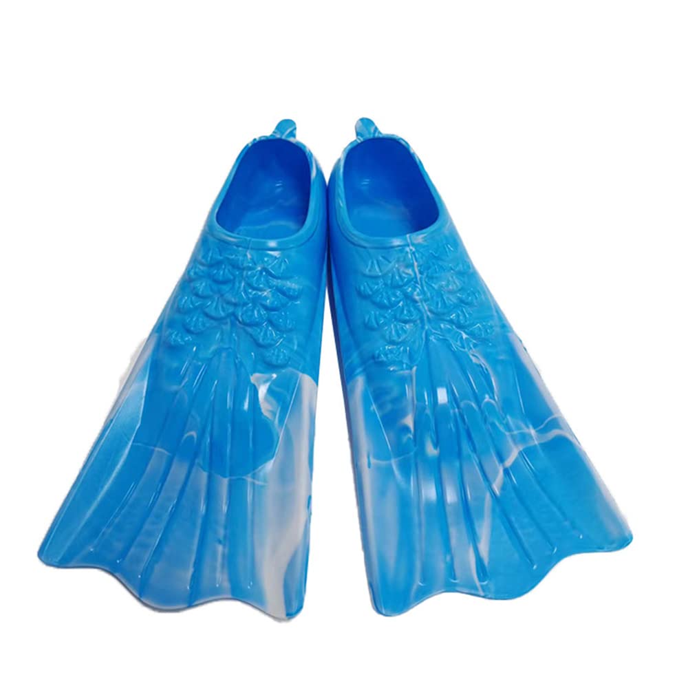 ENEN Short Swim Flippers Comfortable Soft Silicone Snorkel Fins for Kids Adult, Men, Women for Swimming, Training, Diving, Snorkelling (Blue white,XS(29-32 Yards))