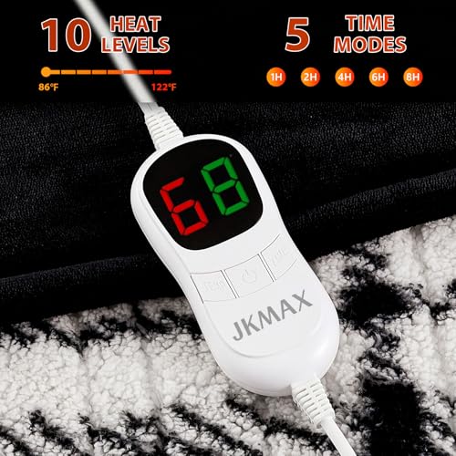 JKMAX Heated Electric Blanket Queen Size - 84"x90" Flannel Heating Blanket with 10 Heating Levels & 5 Time Settings Over-Heat Protection, Winter Warmer for Adults with ETL Certification(Black)