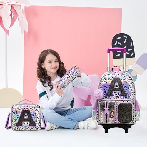 Image of HTgroce Kids Rolling Backpack for Girls Backpack with Wheels 3pcs Rolling Backpacks for Kids, 16.5 inch Roller Backpacks for Girls with Lunch Box Pencil Case