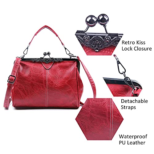 LUI SUI Frauen Retro Handtasche, PU Leder Geldbörse Vintage Top Griff Tasche Kiss Lock Crossbody Umhängetasche für Damen