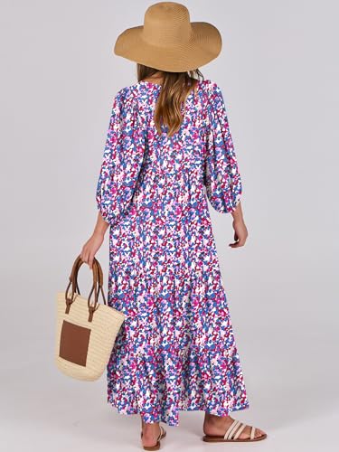 Image of ANRABESS Womens Boho Floral 3 /4 Puff Sleeve Maxi Dress | Tiered Flowy Loose Fit, Comfy Soft Rayon Fabric, Wedding Guest Church Beach, Modest Elegant, Spring Summer Fall Outfits