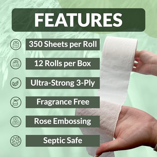 Reliable Bamboo Toilet Paper - 12 Jumbo Rolls, 3 Ply, Organic, Chemical Free | 4200 Sheets Total for Home Bathroom Usage 