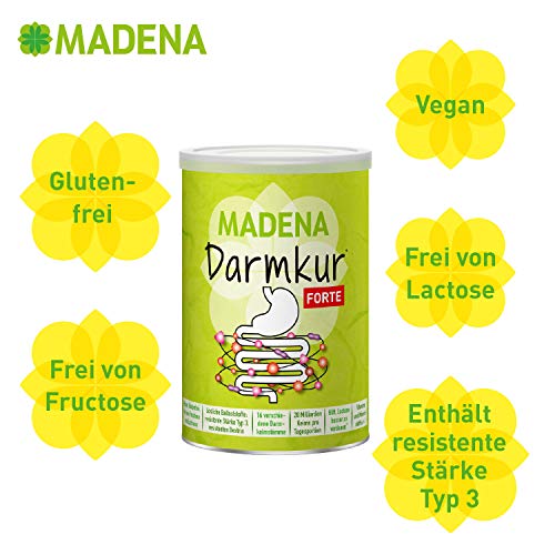 MADENA Darmkur Forte, 20 Milliarden Darmbakterien pro Portion, Ballaststoffe Resistente Stärke Typ 3, Maisdextrin, 16 Bakterienstämme, hochdosiert, Multivitamin, vegan