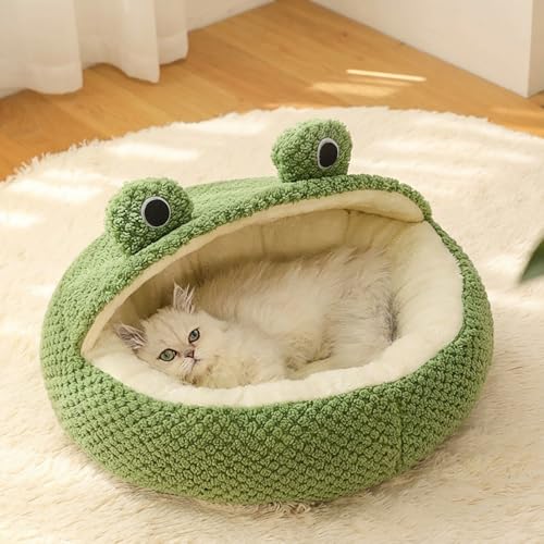 Poxvalzor 猫 犬 ベッド 冬 温かい - 半閉鎖型 カエル型 もふもふ 丸型 ドーナツふわふわ もこもこ ぐっすり眠る 洗える キャット 通年 猫用 小型犬用 ペット用品 グリーン 40cm