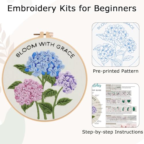 Image of Nuberlic Hydrangea Embroidery Kits for Beginner Adults Cross Stitch Kit with Stamped Pattern Include Cloth Hoops Threads Needles