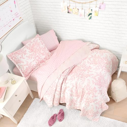 Image of Laura Ashley - Twin Size Bedding Bundle, Reversible Quilt with Matching Pillowcases & Cotton Percale Sheet Set, Floral Bedding with a Crisp & Cool Feel (Pink)