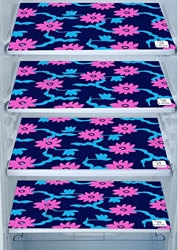 Image of Polyester 3-Layered Fridge Top Cover /Refrigerator Cover With Utility Pockets and Set of 4 Pc Fridge Mats (Color -Floral Blue, Size-39x21 Inches)