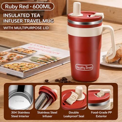 Image of Tea Infuser Travel Mug with Stainless Steel Filter & Straw, Leakproof Insulated Coffee Tumbler for Car Cup Holders, Double Wall Water Bottle, 600ML - Ruby Red