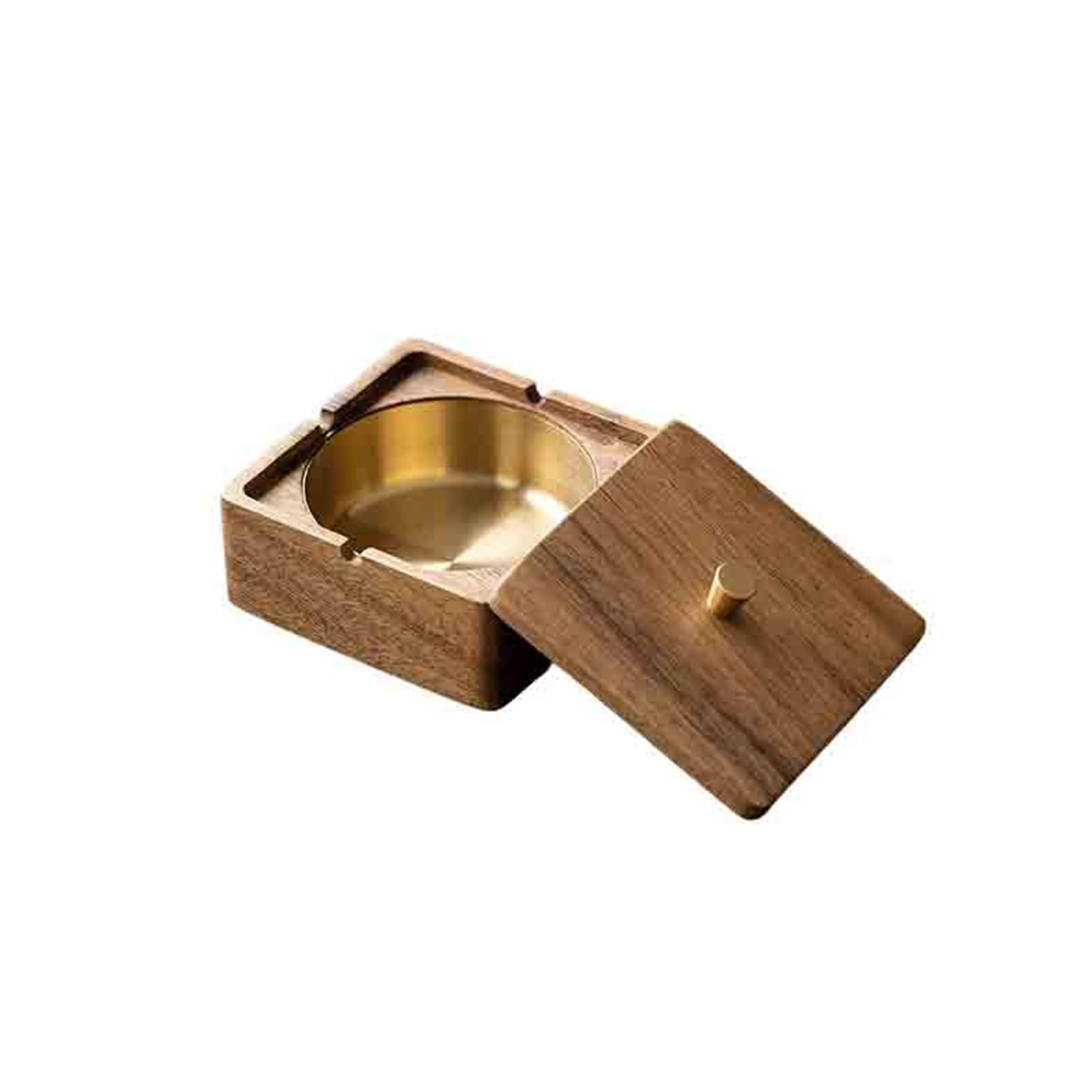 Cigarettes Ashtrays Square Walnut Ashtray with Lid Stainless Steel Indoor(Gold)