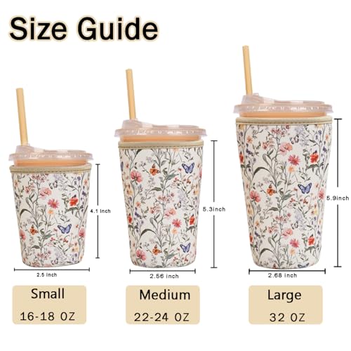 Image of Reusable Insulated Sleeve for Iced Coffee Cup, 3-Pack Coffee Neoprene Drink Sleeve for Cold & Hot Drinks, Beverage Holder for Iced Coffee (Floral Butterflies)