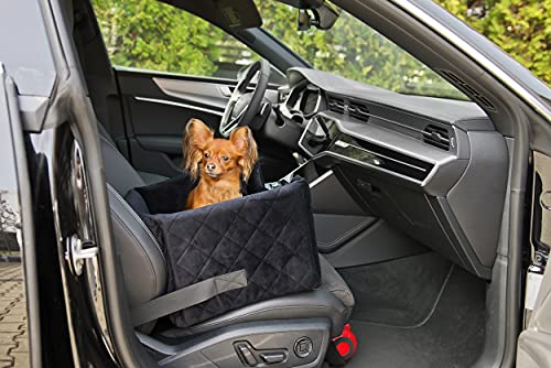 Exclusive Hunde Autositz | Autositz für Hunde, Katzen, Haustier | Rückbank, Beifahrersitz | Hundebett, Hundetasche | Wildlederimitat, Velvet | Farbe: Schwarz | Große: M (47x40 cm)