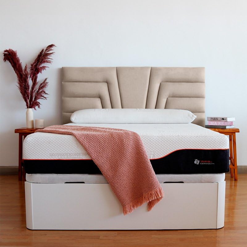 Ventadecolchones - Cabecero de Cama Tapizado en Tela Antimanchas Crudo Modelo Avril Largo. Acolchado 8 cm Grosor. Medida 151 x 125 cm para Cama de 135 ó 150 cm