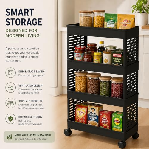 Image of wall love Plastic Storage Rack Trolley with Wheels for Kitchen, Bathroom & Bedroom - Multipurpose Organizer Shelf Rack for Fruits, Toiletries, Snacks and Household Storage (4 Layer)