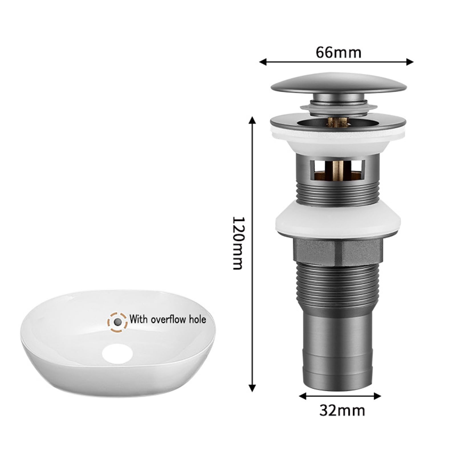 Bonde De Lavabo Avec Trop Plein Bonde De Lavabo Pop Up Bonde Lavabo Clic Clac Robinet De Vidange À Poussoir Tout En Cuivre,gris Pistolet,Avec Trou De Trop plein