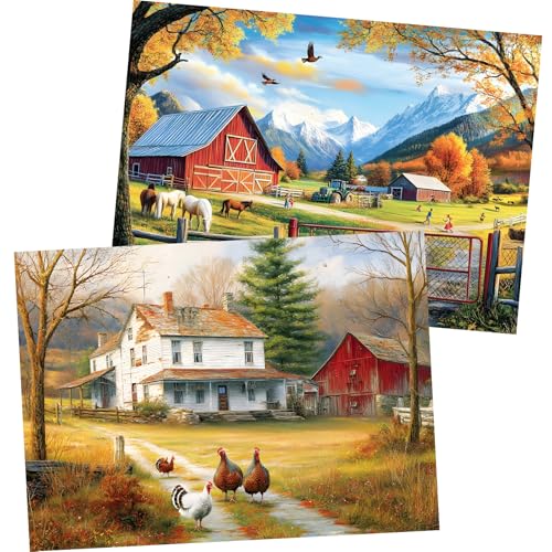 2 Pack 300 Pieces Puzzle for Adults,Autumn Puzzle Farm Jigsaw Puzzles 300 Pieces for Adults Kids Seniors Countryside Jigsaw Puzzle Premium Cardboard Puzzles for Tabletop Family Activity Gift