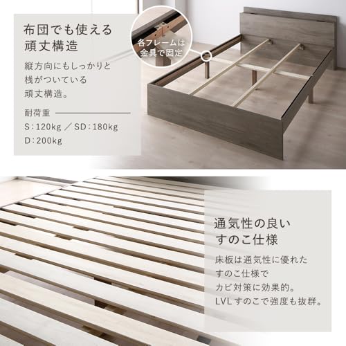 RASIK ベッド セミダブル フレームのみ グレージュ 棚 コンセント付き すのこ 高さ調整 お客様組立 Asteria アステリア の商品画像 6