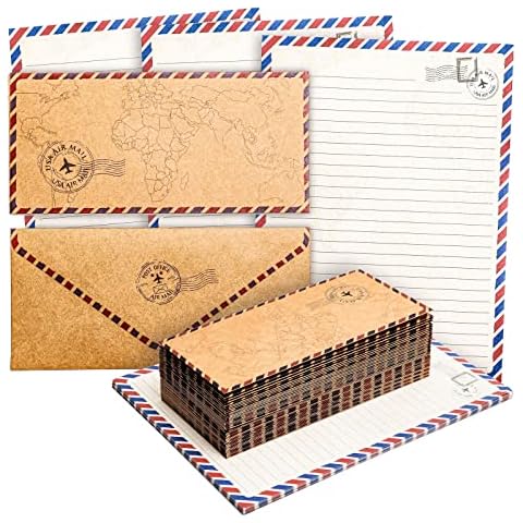Pipilo Press 96 Pack Vintage-Style Airmail Stationery Set (48 Lined Paper Sheets with Matching Envelopes) for Letter Writing, Travel Map Design Cover