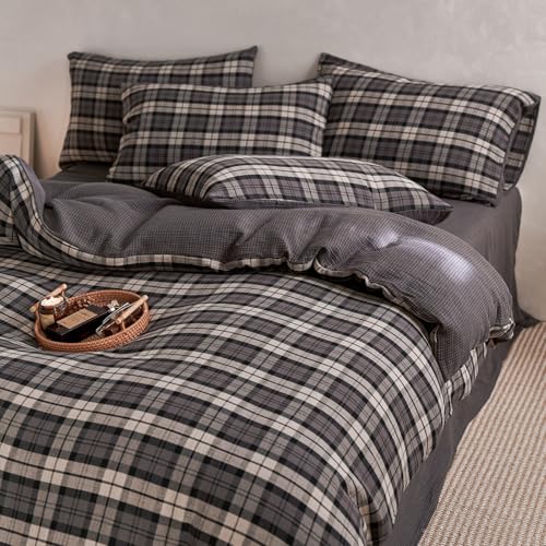 Image of EAVD Vintage Grey&Black&Beige Gingham Plaid Duvet Cover Twin Soft 100% Muslin Cotton 3-Piece Retro Grid Checkered Bedding Set with 2 Pillowcases Reversible Gingham Duvet Cover with Zipper Closure