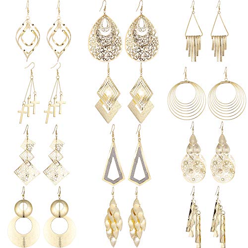 N-A 12 Pairs Drop Dangle Earrings Ethnic Set for Women Boho Hippie Fashion Jewelry funky Vintage Statement Earrings Gift (Gold)