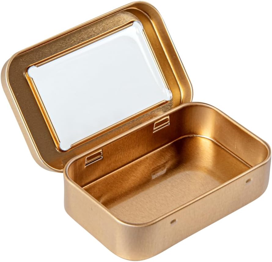 Restaurantware RW Base 4.5 Ounce Rectangular Tin Containers 100 Durable Tin Boxes With Lids - Clear Window Lids Rounded Edges Gold Tin Storage Containers Customizable Fits Mints Or Pills