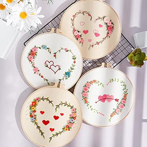 4 Pack DIY Embroidery Starter Kit for Beginners,Heart-Shaped Pattern Cross Stitch Kits with Embroidery Hoop,Embroidery Cloth with Pattern,Color Thread,Needles,Valentine Day Wedding Gift Cover