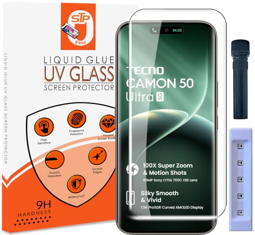 Image of STP FEEL Advanced UV Tempered Glass Screen Protector Guard Compatible For Tecno Camon 50 Ultra 5G (6.78 Inch, Pack of 1) Full Adhesive UV Curved Case Friendly HD Clarity with easy installation kit