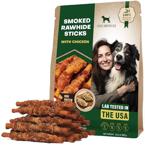 Dog Smoked Rawhide Sticks Wrapped Chicken Pet Natural Chew Treats Grain Free Organic Meat Healthy Human Grade Dried Snacks in Bulk Best Twists for Training Small Large Dogs Made for USA